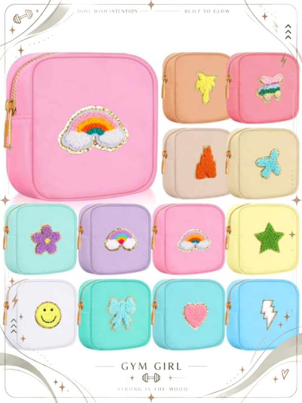 12 Pc Nylon Preppy Patch Makeup Bags Mini Zipper Pouch Travel